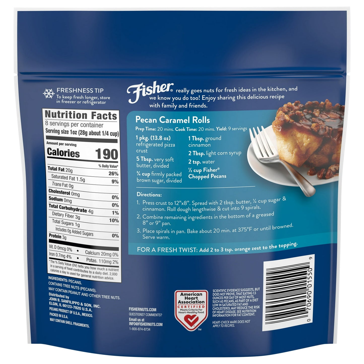 Fisher Chef's Naturals Gluten Free, No Preservatives, Non-GMO Chopped Pecans, 8 oz Bag