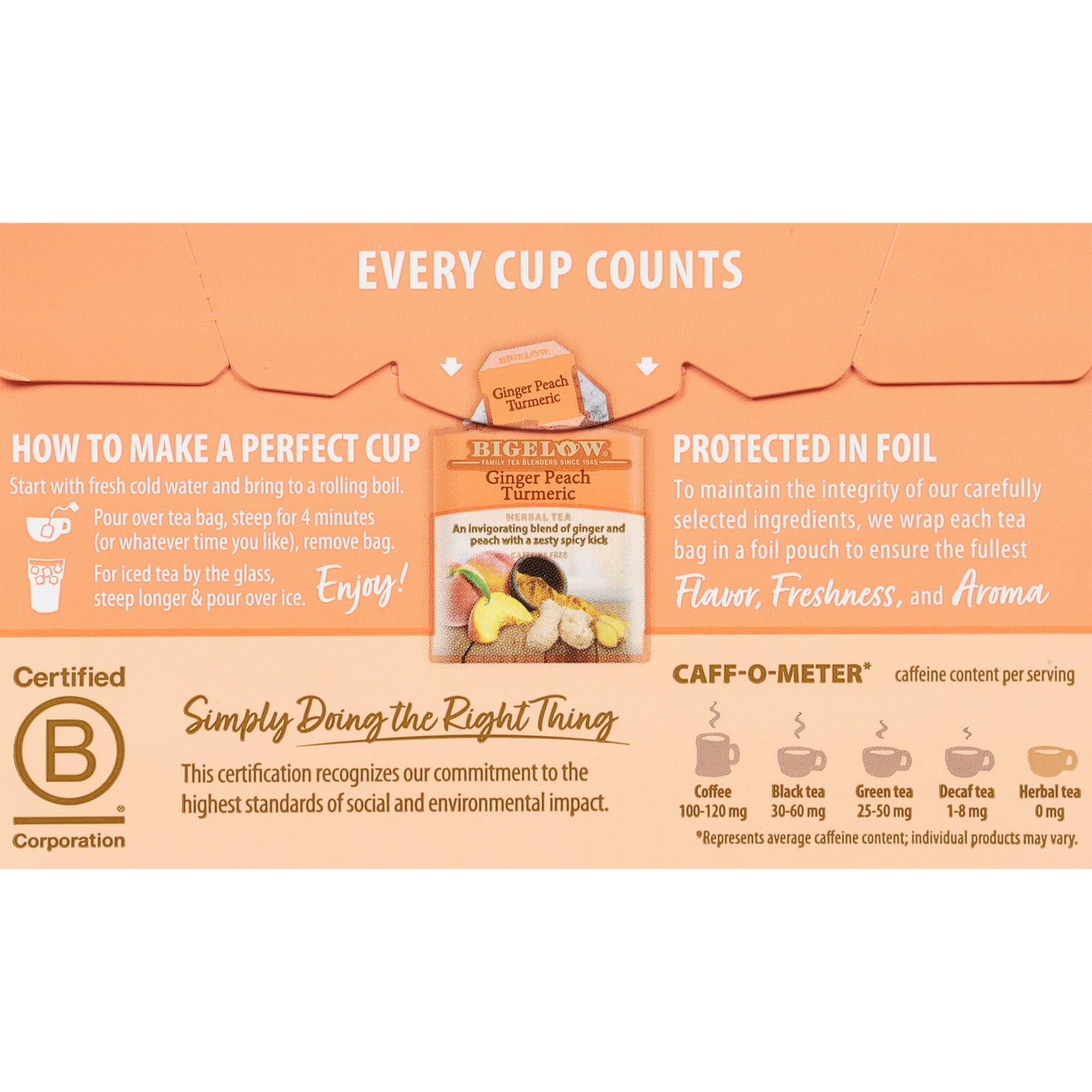 Bigelow Ginger Peach Tumeric, Caffeine Free, Herbal Tea Bags, 18 Count
