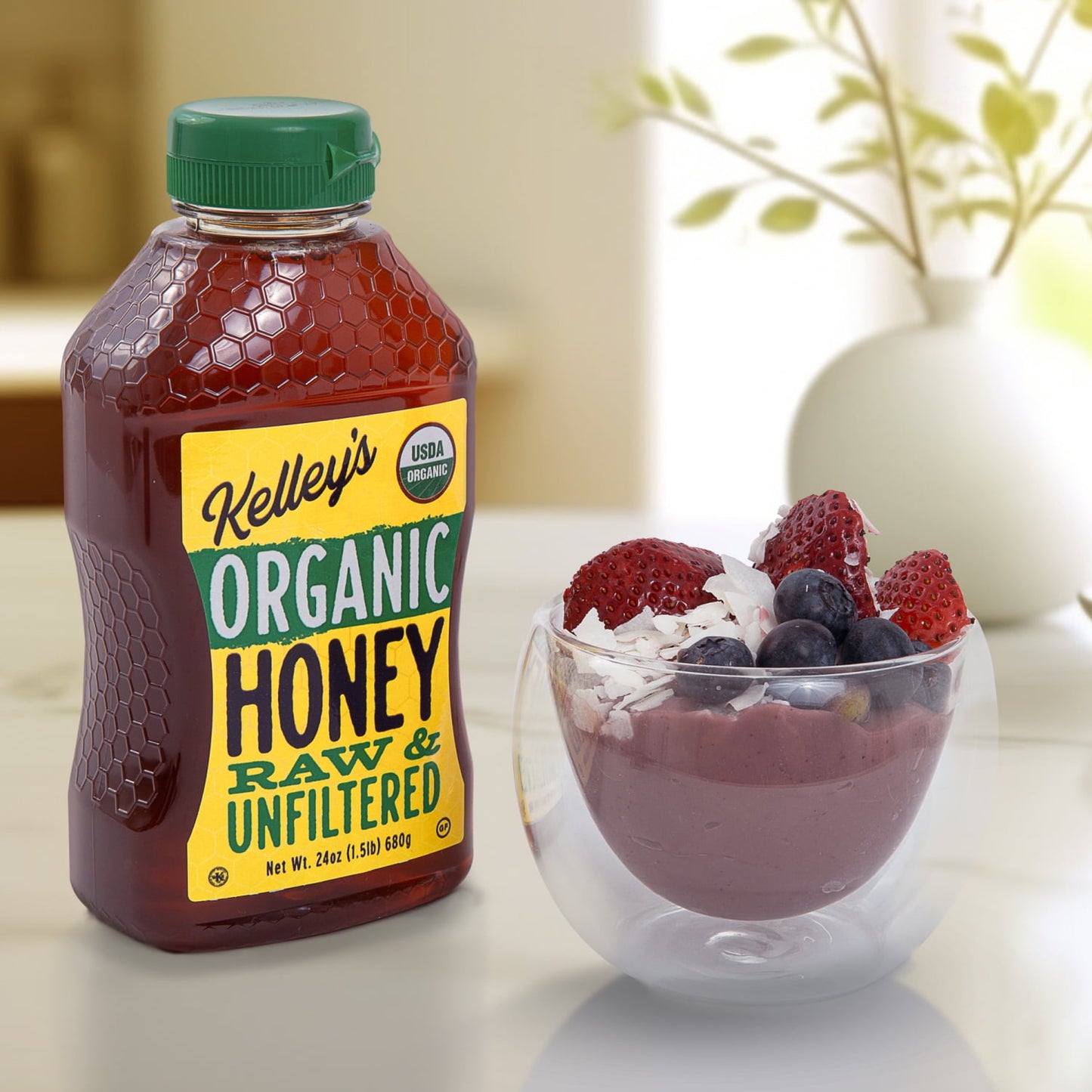 Kelley Honey Farms Organic 24oz Honey, USDA Certified Organic, Raw, Unfiltered, Sqz Bottle