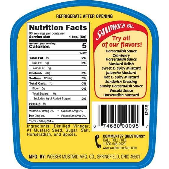 Woeber's Sandwich Pal Mustard Horseradish, 16 oz Squeeze Bottle