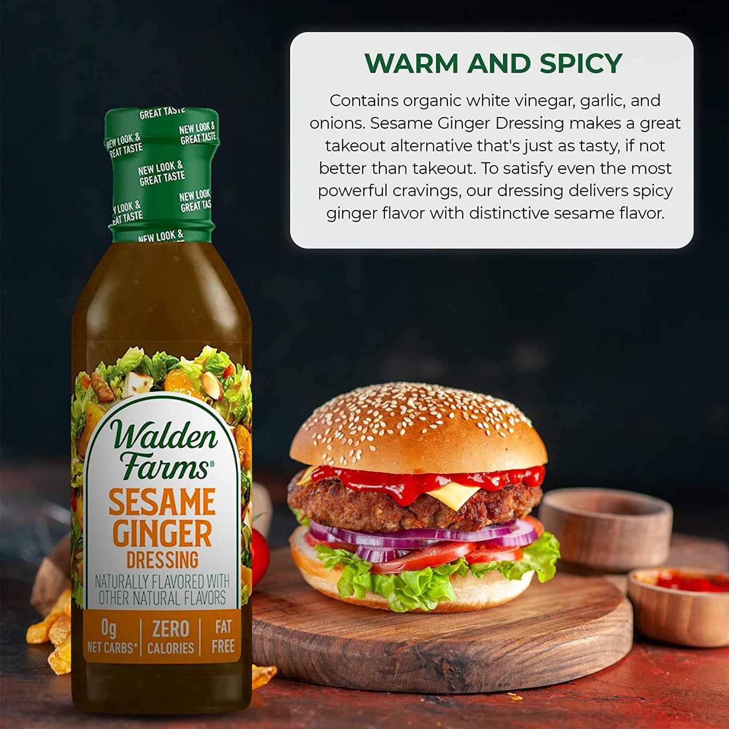 Walden Farms Sesame Ginger Dressing, 12 oz. Bottle, Fresh and Delicious Salad Topping, Sugar Free 0g Net Carbs Condiment, Sweet and Tangy