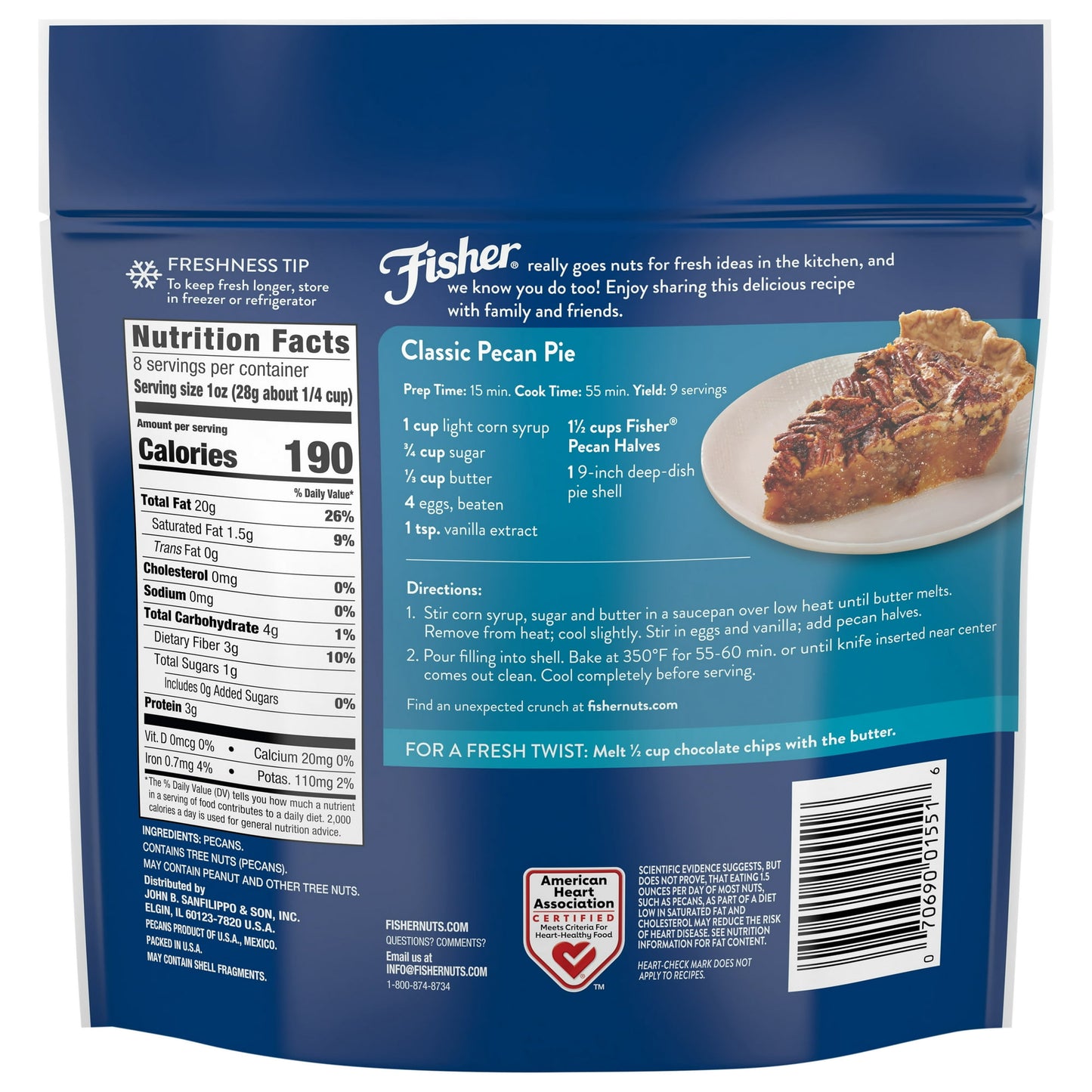 Fisher Chef's Naturals Gluten Free, No Preservatives, Non-GMO Pecan Halves, 8 oz Bag