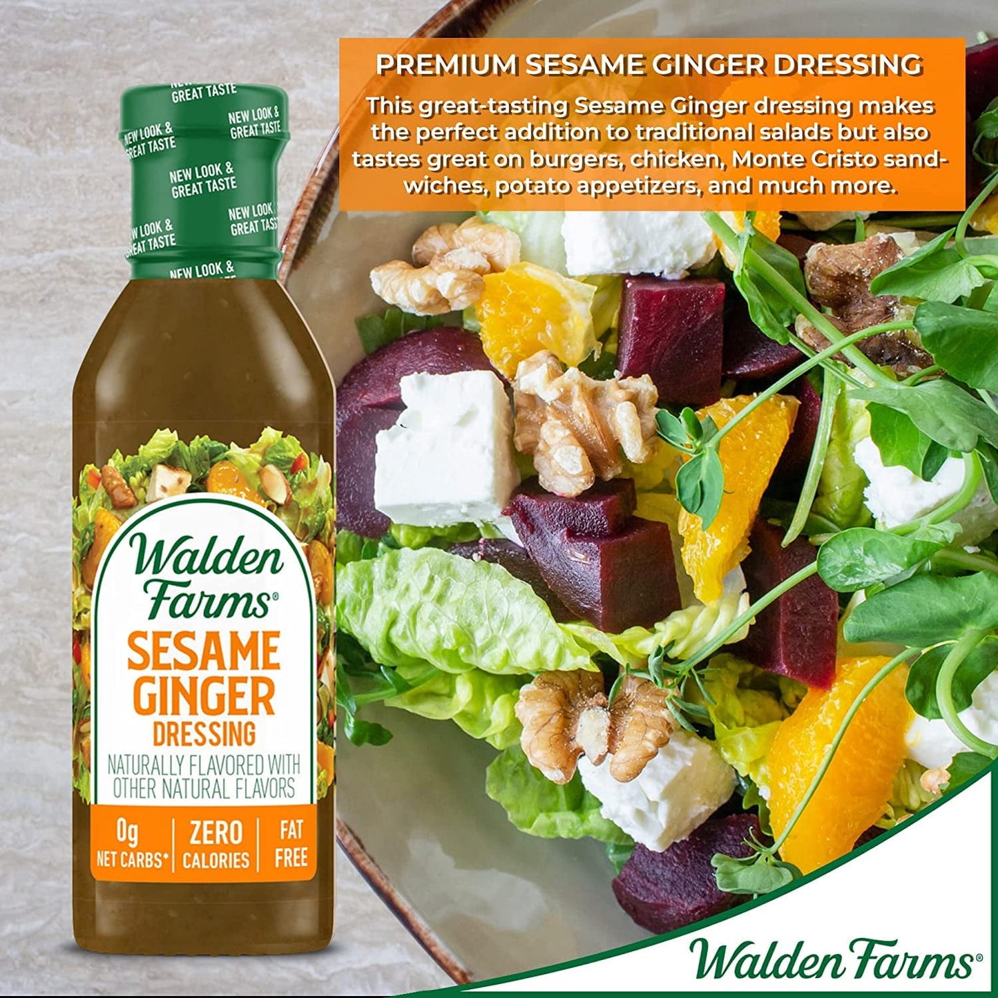 Walden Farms Sesame Ginger Dressing, 12 oz. Bottle, Fresh and Delicious Salad Topping, Sugar Free 0g Net Carbs Condiment, Sweet and Tangy