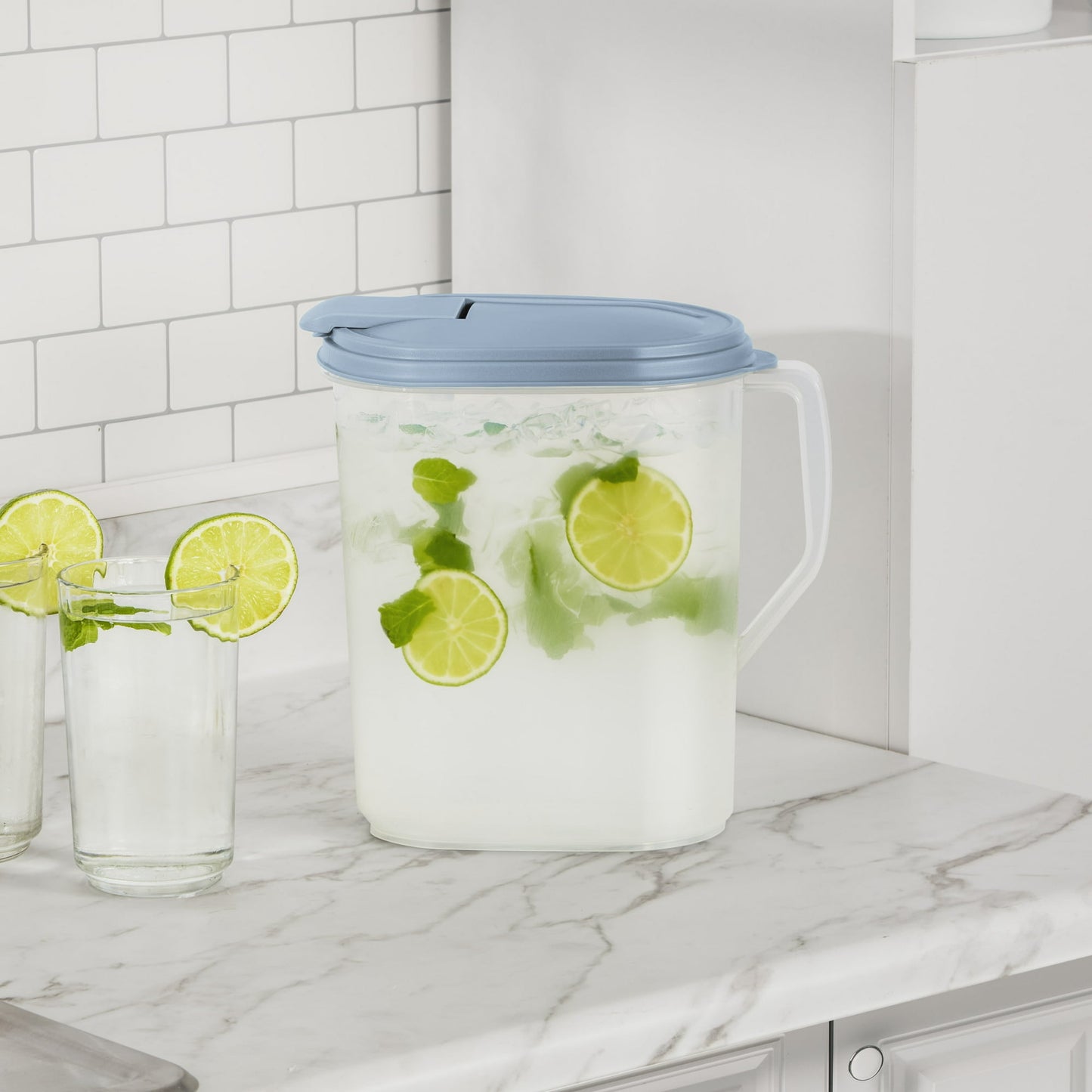 Sterilite 1 Gallon Pitcher, Clear Plastic, Flip-top Spout, Light Blue