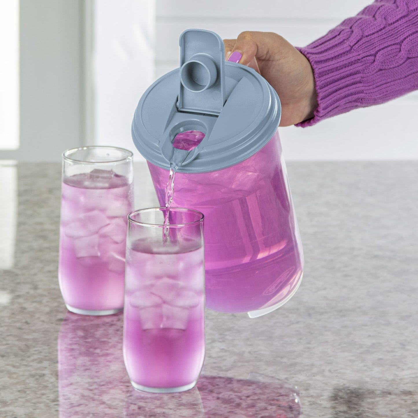 Sterilite 2 Quart Round Pitcher, Clear Plastic, Flip-top Spout, Light Blue