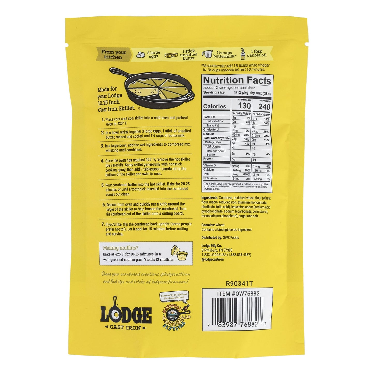 Lodge Cast Iron Skillet Cornbread Mix, True Southern, 1-Pack, 16 oz