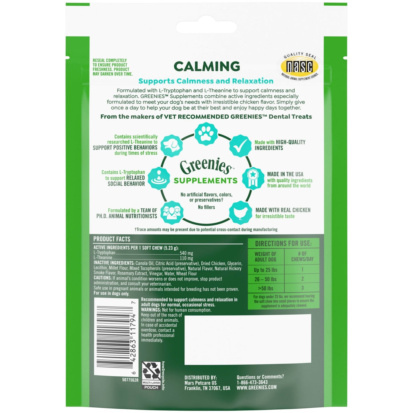 Greenies Supplements Calming Chews For Dogs Chicken Flavor, 7.3 Oz Container Of 40 Ct. Soft Chews