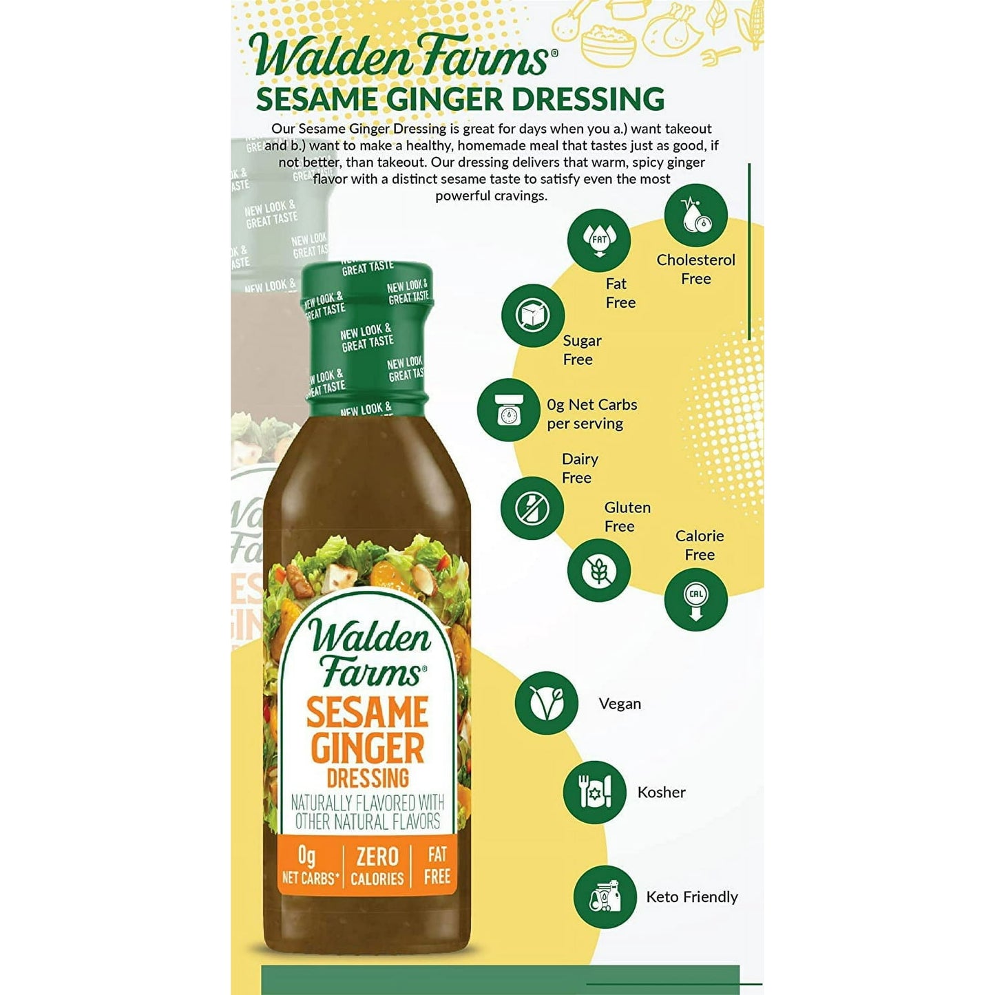 Walden Farms Sesame Ginger Dressing, 12 oz. Bottle, Fresh and Delicious Salad Topping, Sugar Free 0g Net Carbs Condiment, Sweet and Tangy