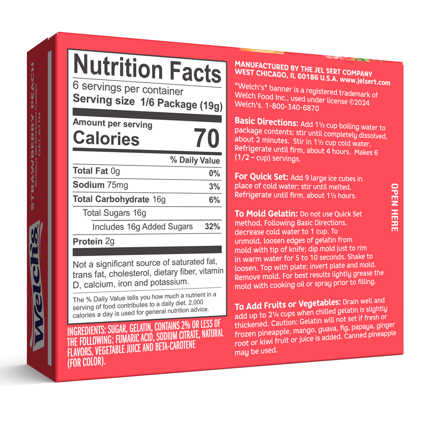 Welch's Strawberry Peach Gelatin Mix, 6 Servings, 3.99 oz Cardboard Box (Pack of 5)