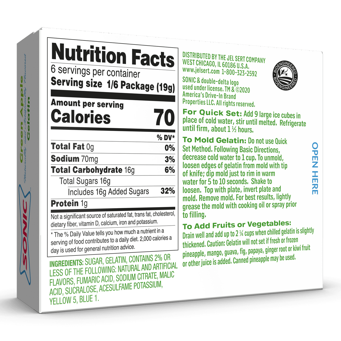 Sonic Green Apple Gelatin Mix, 6 Servings, 3.94 oz Cardboard Box (Pack of 5)