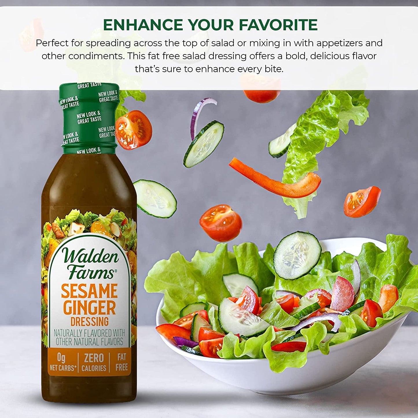 Walden Farms Sesame Ginger Dressing, 12 oz. Bottle, Fresh and Delicious Salad Topping, Sugar Free 0g Net Carbs Condiment, Sweet and Tangy