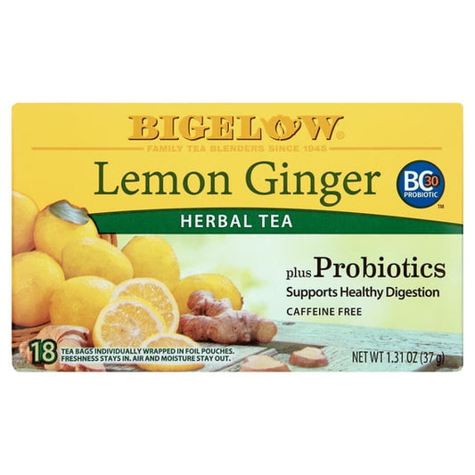 Bigelow Lemon Ginger Plus Probiotics, Caffeine Free, Herbal Tea Bags, 18 Count (Pack of 2)