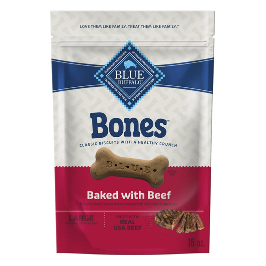 Blue Buffalo Bones Natural Crunchy Dog Treats, Large Dog Biscuits, Beef 16-oz, Pack of 2