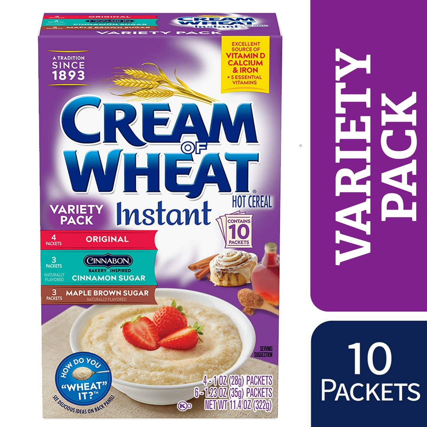 Cream of Wheat Original Flavor, Cinnabon and Maple Brown Sugar Instant Hot Cereal Variety Pack, Kosher, 10 Packets (Pack of 4)