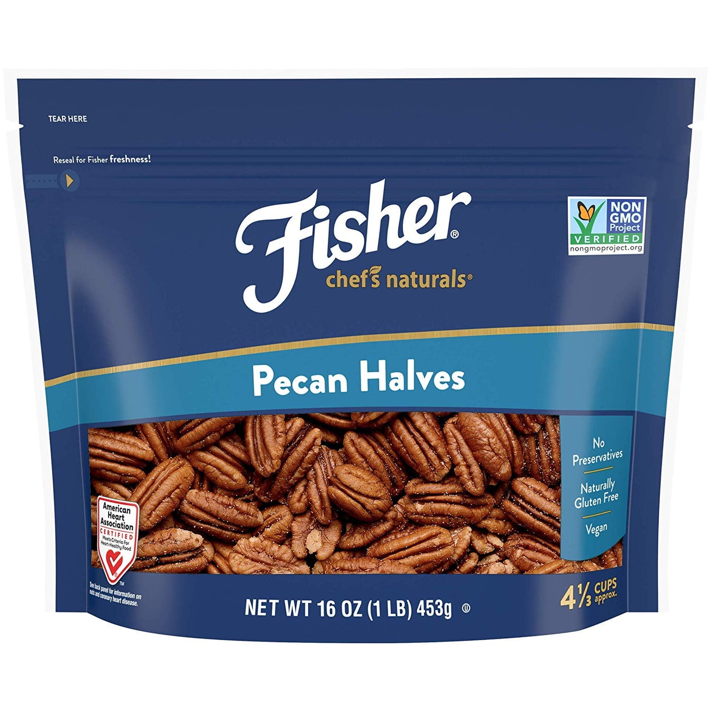 Fisher Chef's Naturals Gluten Free, No Preservatives, Non-GMO Pecan Halves, 16 oz Bag