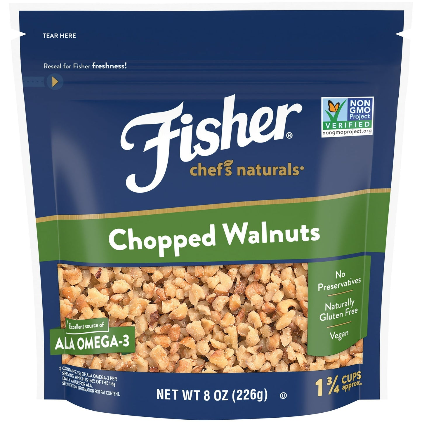 Fisher Chef's Naturals Gluten Free, No Preservatives, Non-GMO Chopped Walnuts, 8 oz Bag