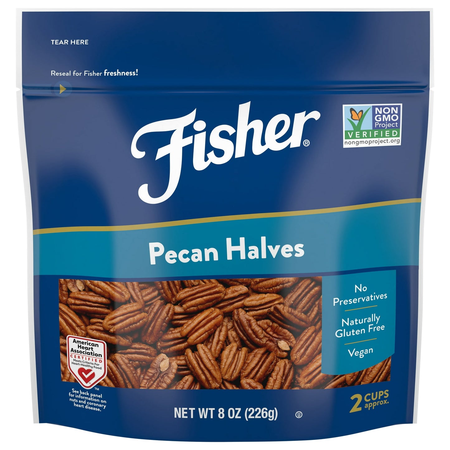 Fisher Chef's Naturals Gluten Free, No Preservatives, Non-GMO Pecan Halves, 8 oz Bag