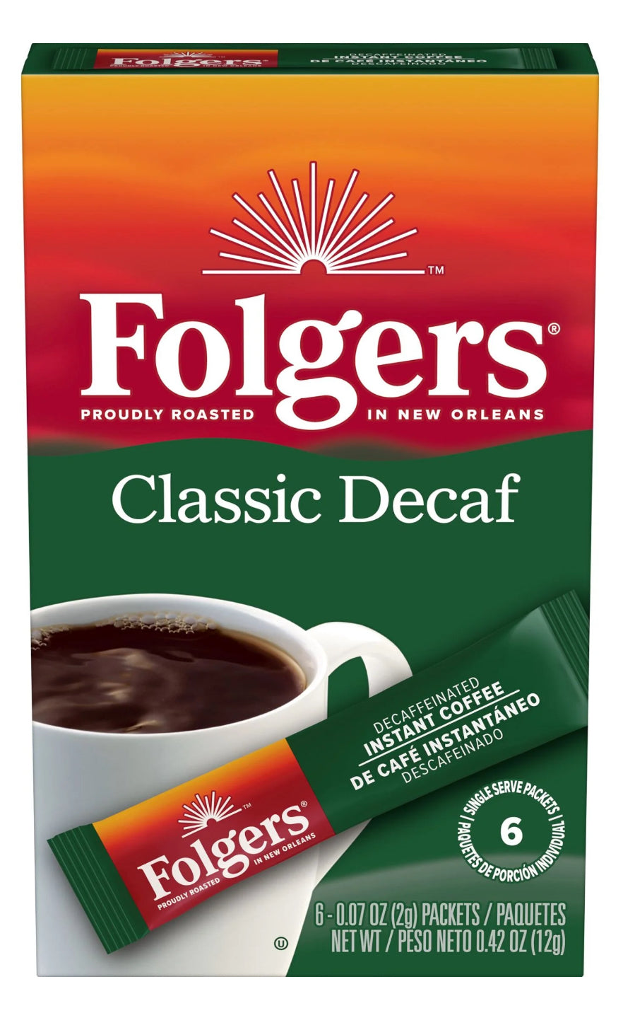 Folgers Classic Decaf Instant Coffee Crystals Packets, 6 Count (Pack of 4)