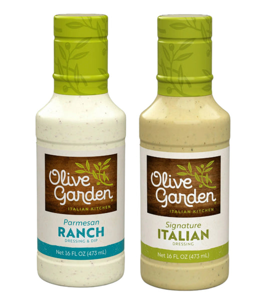 Olive Garden Light Italian & Parmesan Ranch Dressing, 16 fl. oz. each.