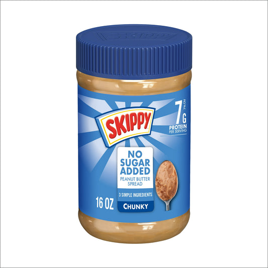 SKIPPY Chunky Peanut Butter Spread No Sugar Added, 7 g Protein Per Serving, Shelf-Stable, 16 oz Plastic Jar, Pack of 2