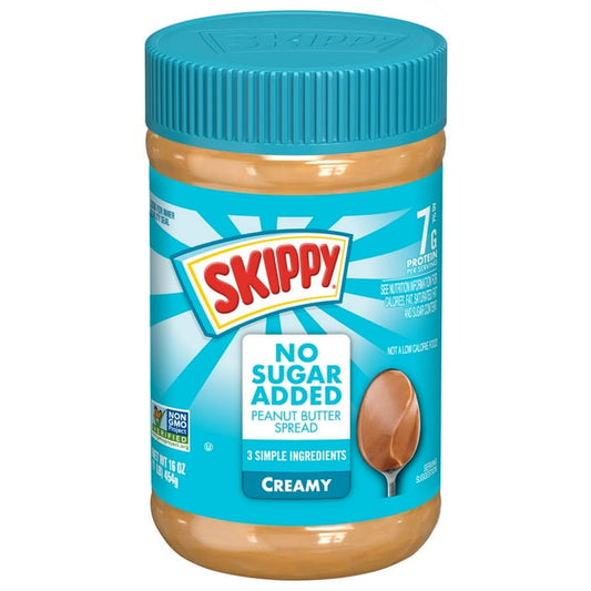 SKIPPY No Sugar Added Creamy Peanut Butter, Shelf-Stable, 16 oz Plastic Jar, Pack of 2