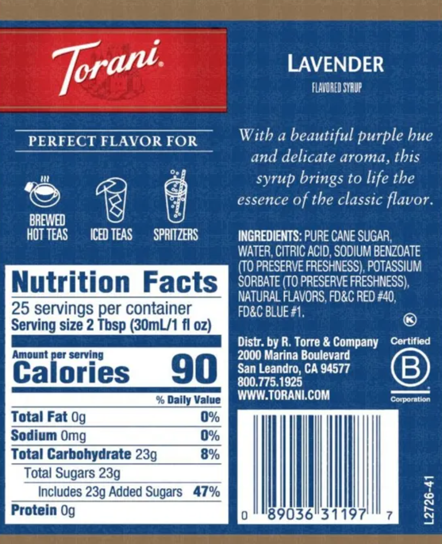 Torani Original Syrup Lavender, 750 mL