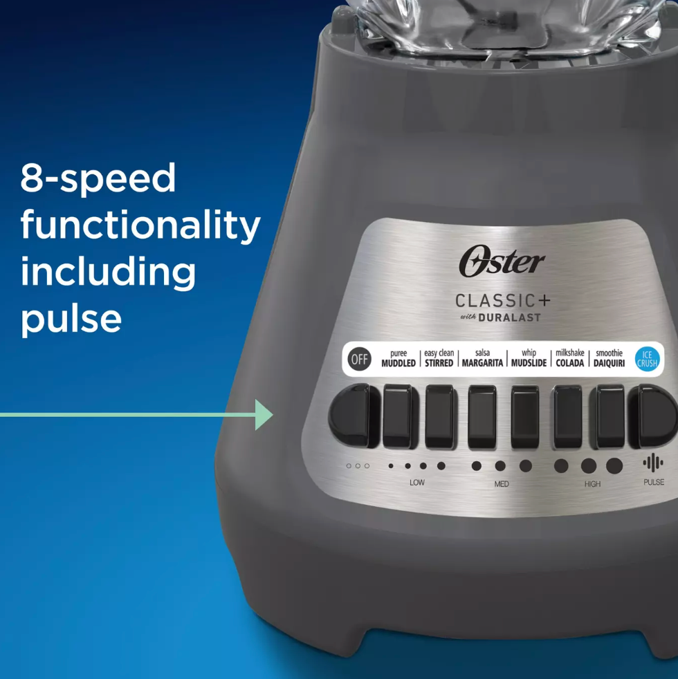 Oster Party Blender with Ice Crushing Power, 8 Speeds, 6 Cups (Grey)