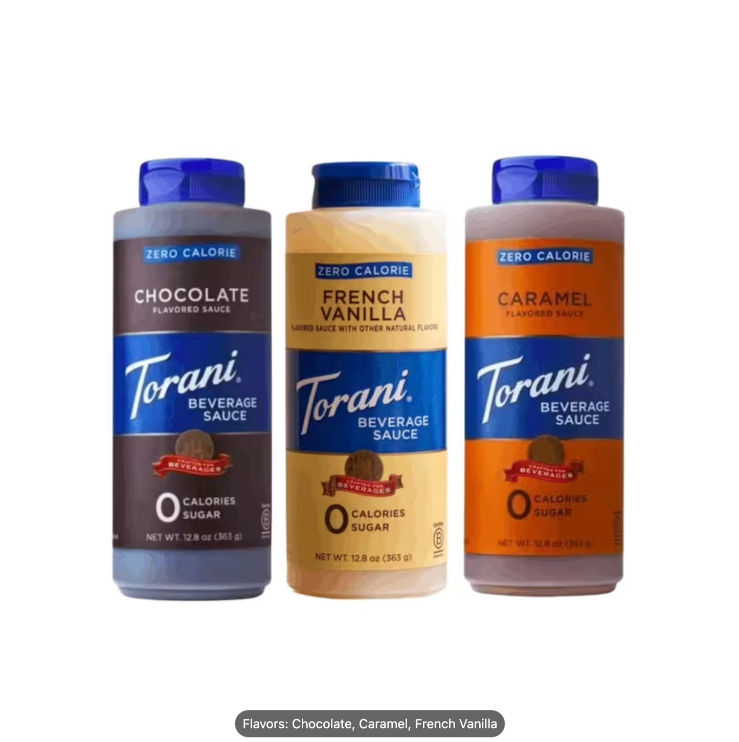 Torani Zero Calorie Beverage Sauce Bundle – Caramel, Chocolate & French Vanilla (12.8 fl oz each) (Pack of 3)