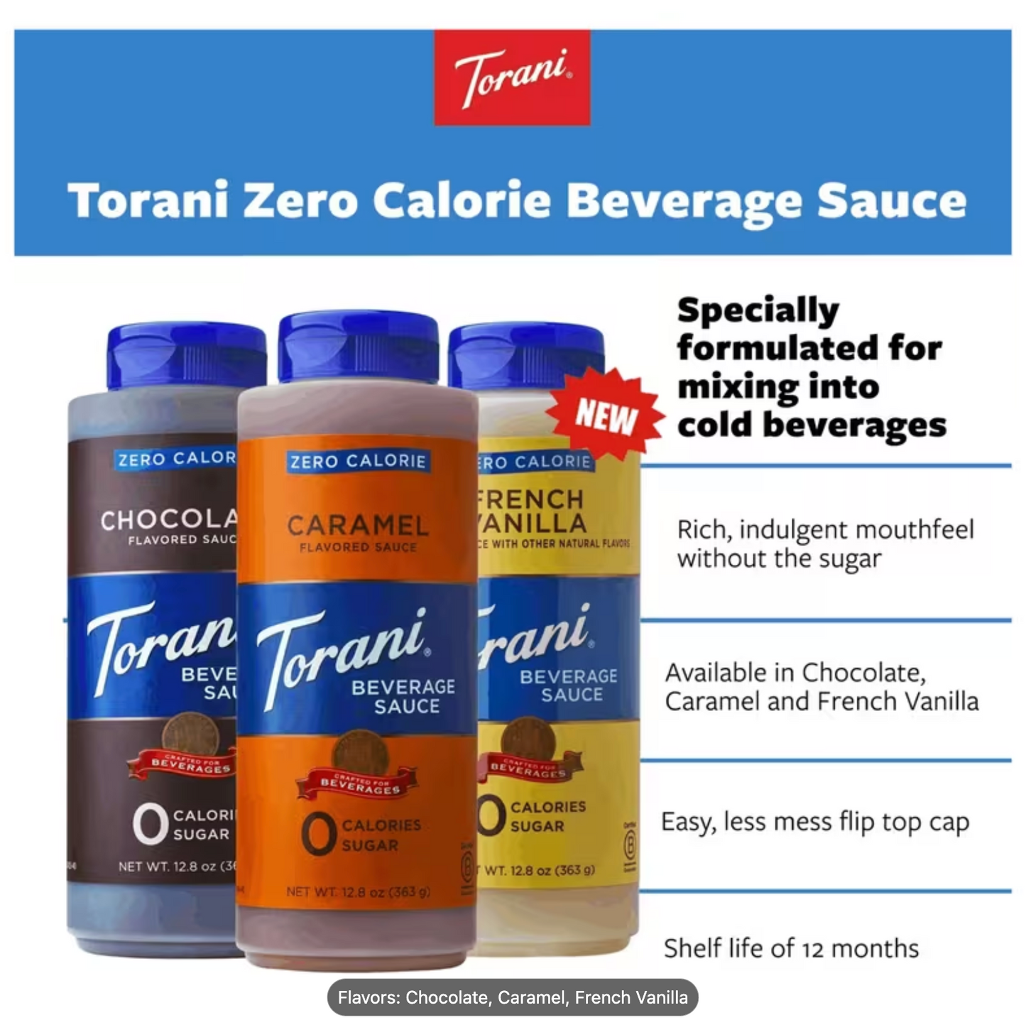 Torani Zero Calorie Beverage Sauce Bundle – Caramel, Chocolate & French Vanilla (12.8 fl oz each) (Pack of 3)