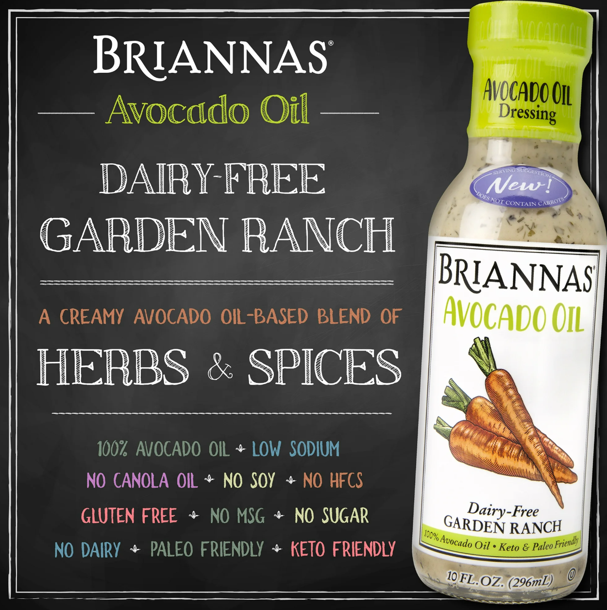 BRIANNAS Avocado Oil Dairy Free Garden Ranch Dressing, 10 FL OZ (Pack of 2)
