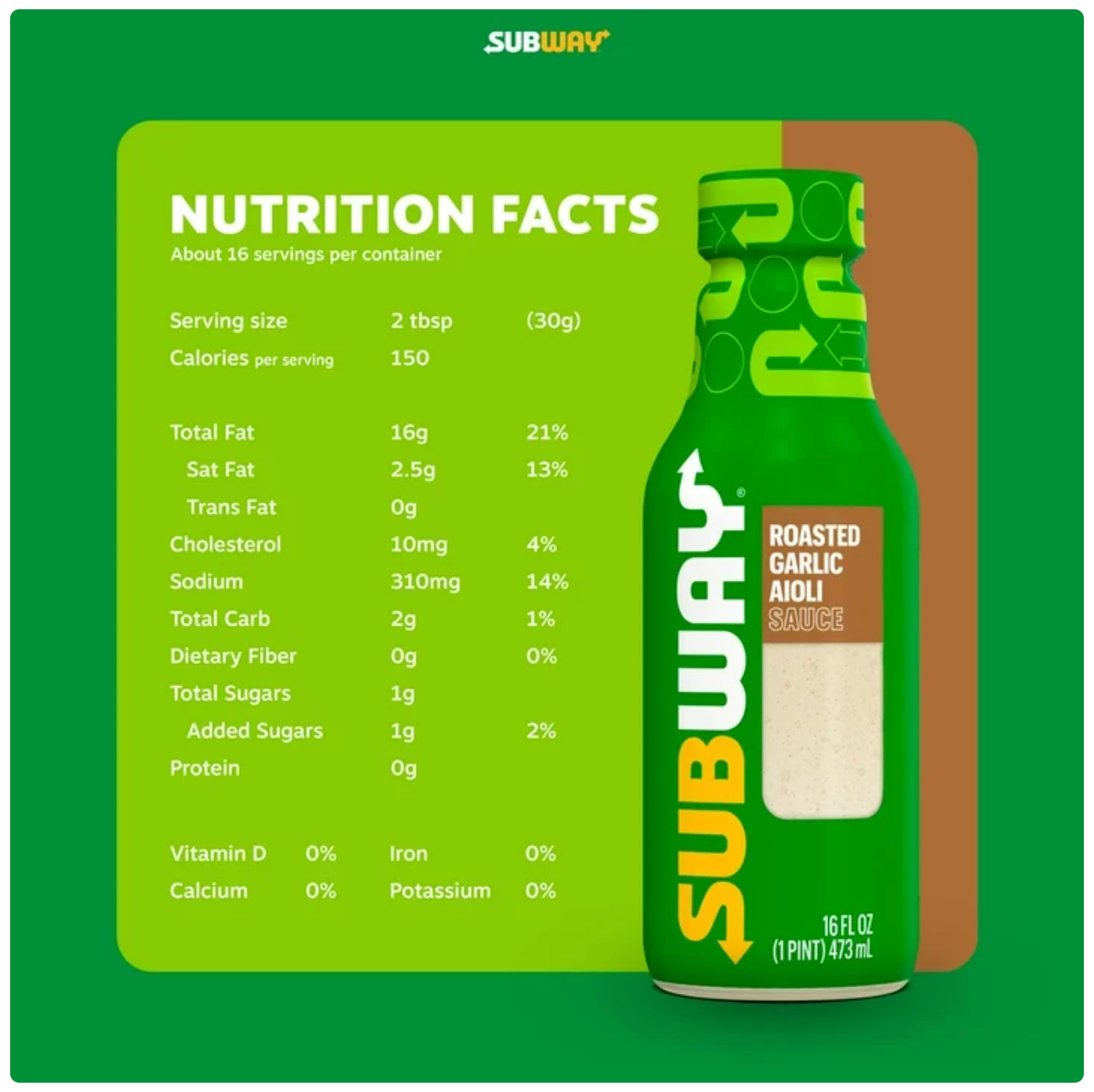 Subway Roasted Garlic Aioli Sauce, 16 fl oz