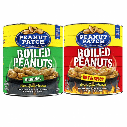 Peanut Patch Boiled Peanuts Duo – 2 Hot & Spicy (25 oz) + 2 Original (25 oz) Can
