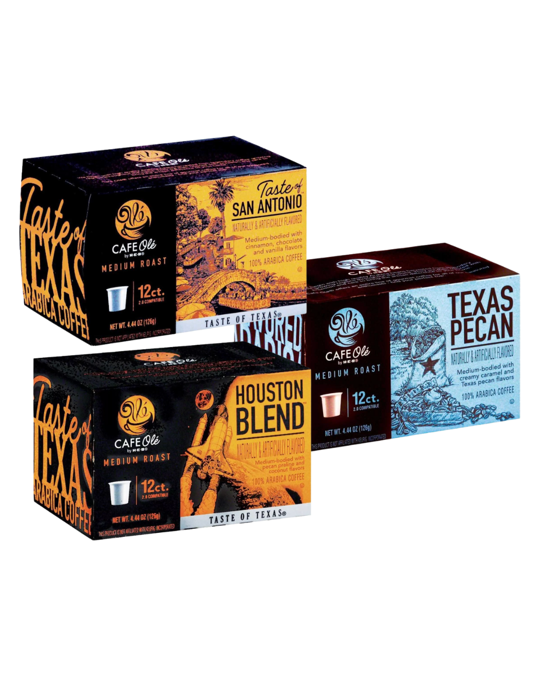 CAFE Olé by H‑E‑Medium Roast Coffee Single Serve Cups Varity Pack, 4.44 oz (Taste of Houston, Taste of San Antonio, Texas Pecan)