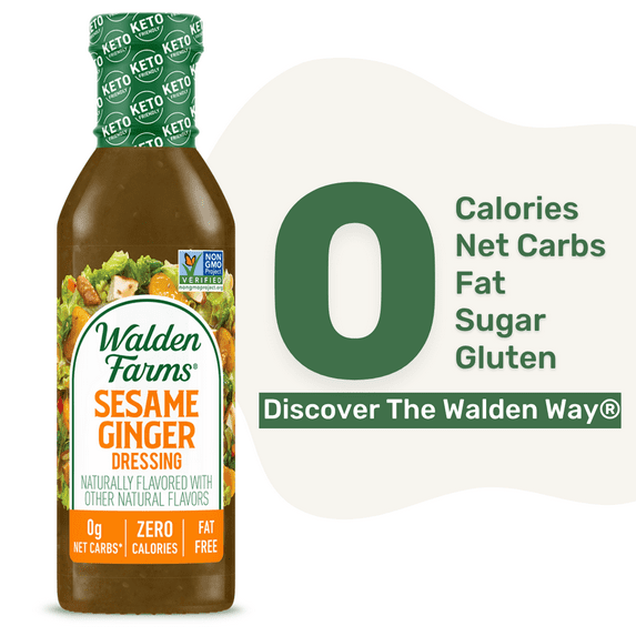 Walden Farms Sesame Ginger Dressing, 12 oz. Bottle, Fresh and Delicious Salad Topping, Sugar Free 0g Net Carbs Condiment, Sweet and Tangy