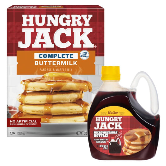 Hungry Jack Pancake Mix + Butter Syrup Bundle – 32 oz Mix & 24 oz Syrup