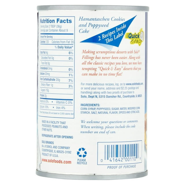 Solo Cake & Pastry Filling Poppy Seed, 12.5 oz, Pack of 4