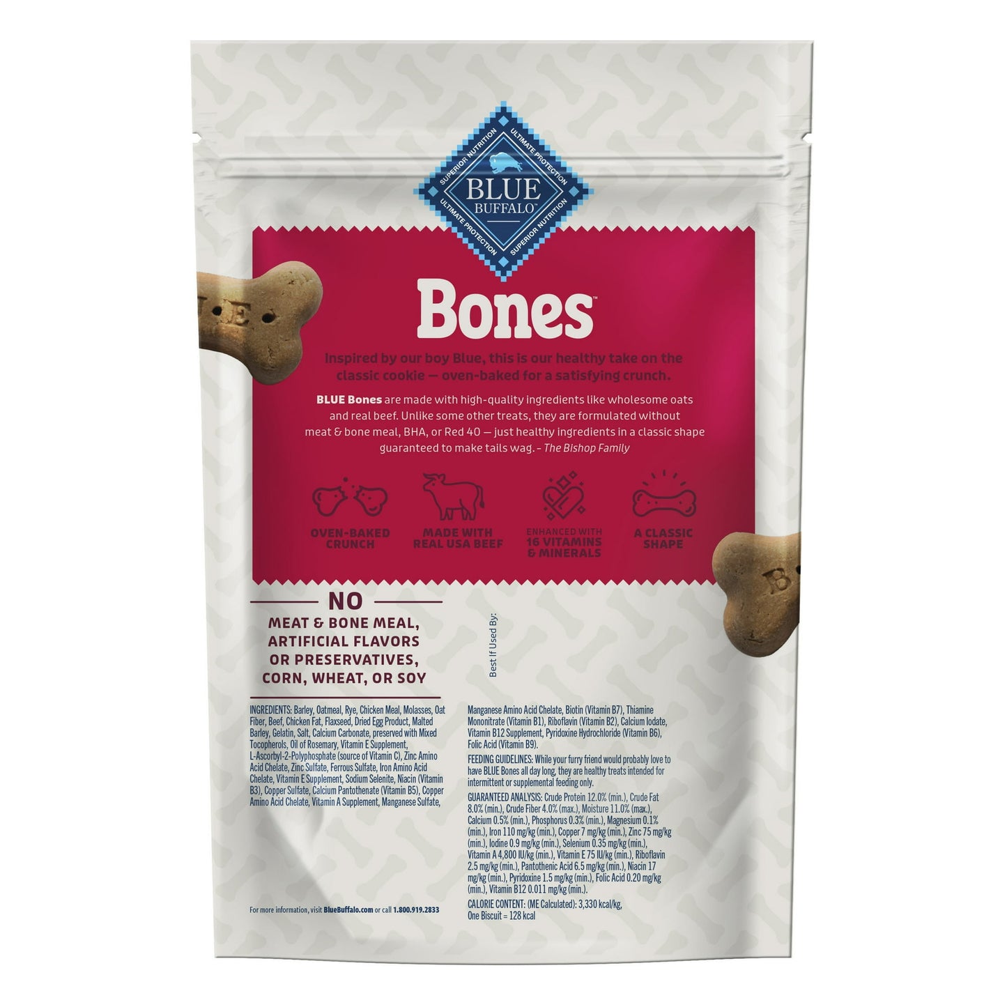 Blue Buffalo Bones Natural Crunchy Dog Treats, Large Dog Biscuits, Beef 16-oz, Pack of 4