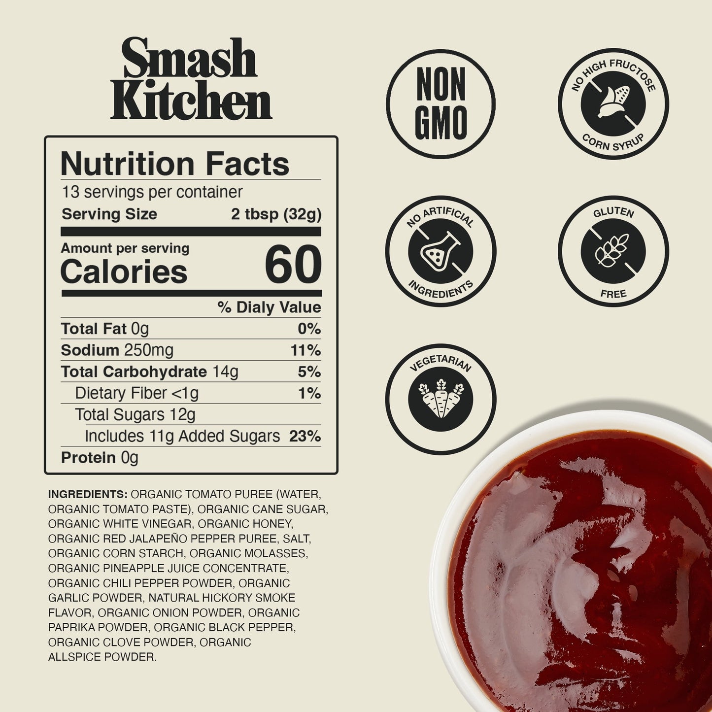 Smash Kitchen Organic Hot Honey BBQ Sauce, 15 oz Bottle(Pack of 2)