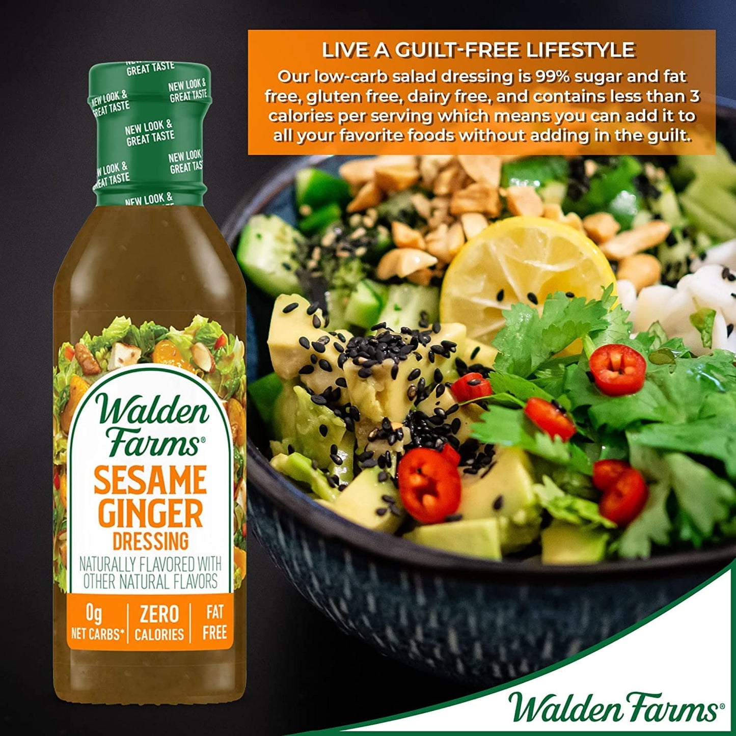 Walden Farms Sesame Ginger Dressing, 12 oz. Bottle, Fresh and Delicious Salad Topping, Sugar Free 0g Net Carbs Condiment, Sweet and Tangy