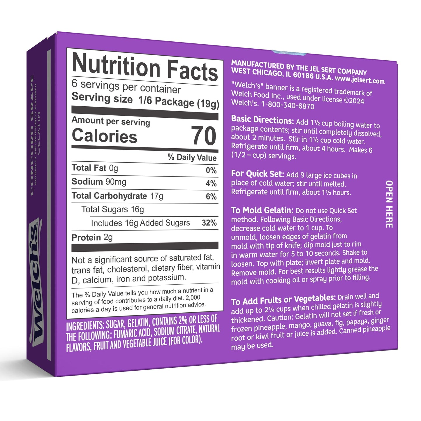 Welch's Concord Grape Gelatin Mix, 6 Servings, 3.99 oz Shelf-Stable Cardboard Box (Pack of 5)