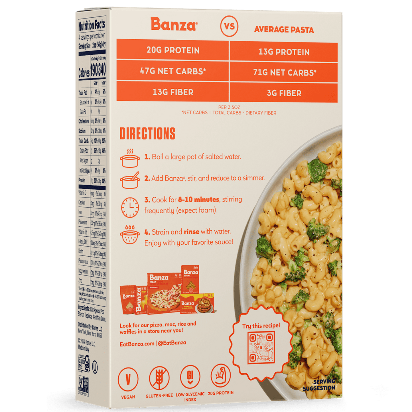 Banza Elbows Pasta from Chickpeas - Gluten Free, High Protein, and Lower Carb Protein Noodles, 8oz (Pack of 2)