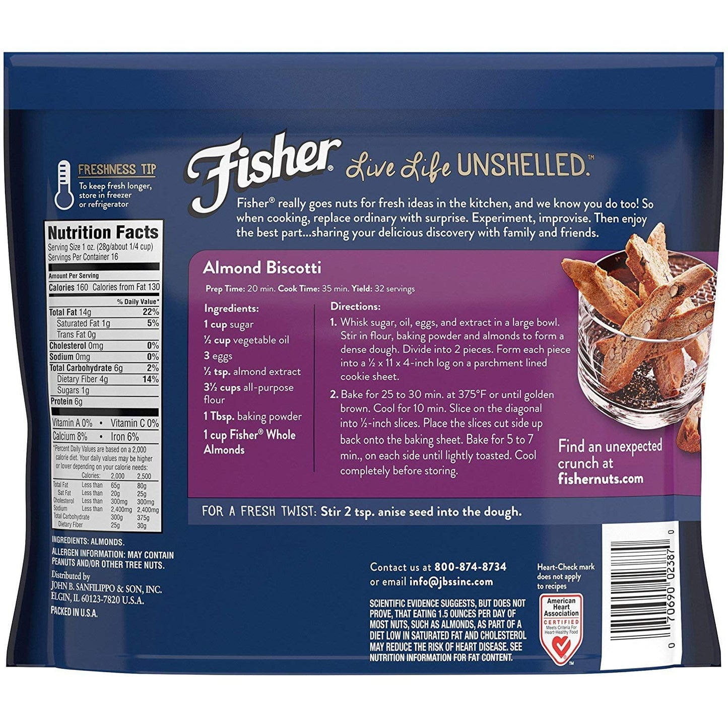 Fisher Chef’s Naturals Gluten Free, No Preservatives, Non-GMO Whole Natural Almonds, 16 oz Bag