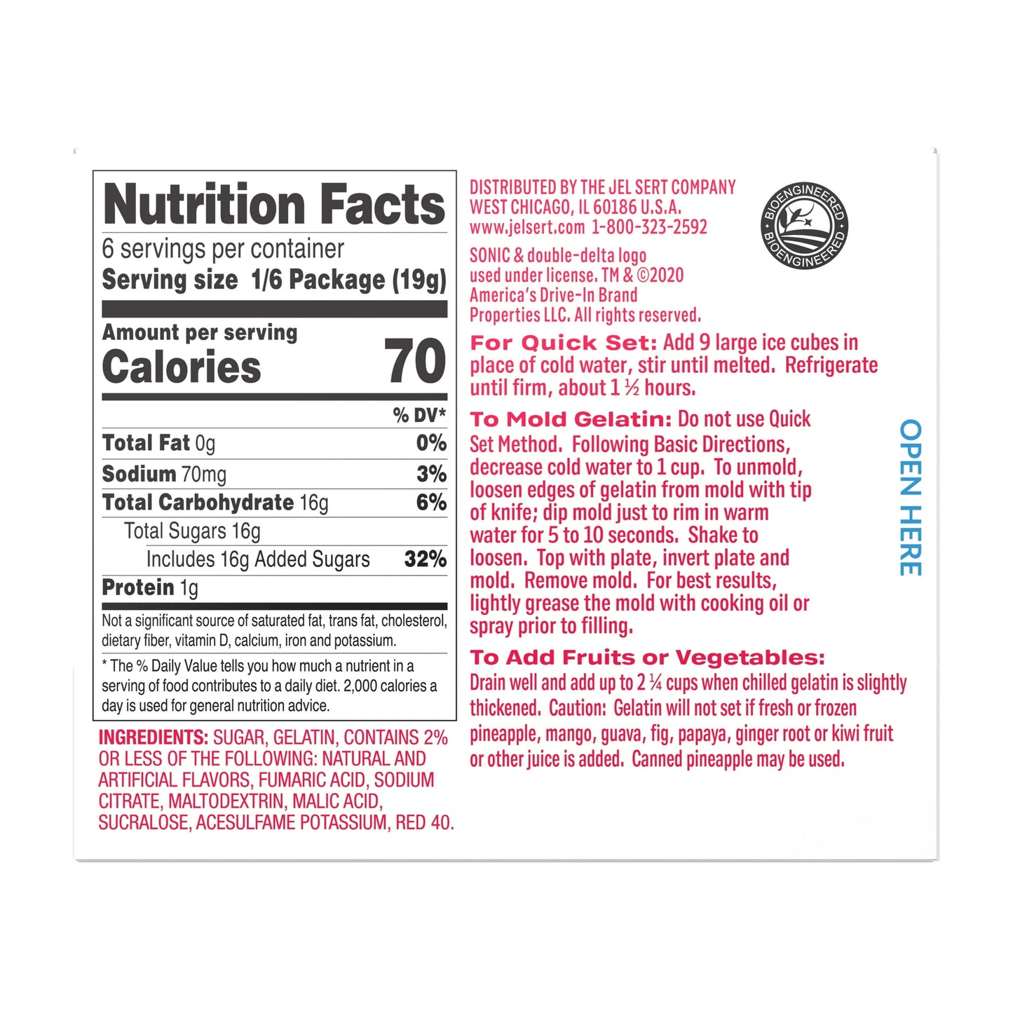 Sonic Watermelon Gelatin Mix, 6 Servings, 3.94 oz Shelf-Stable Cardboard Box (Pack of 5)