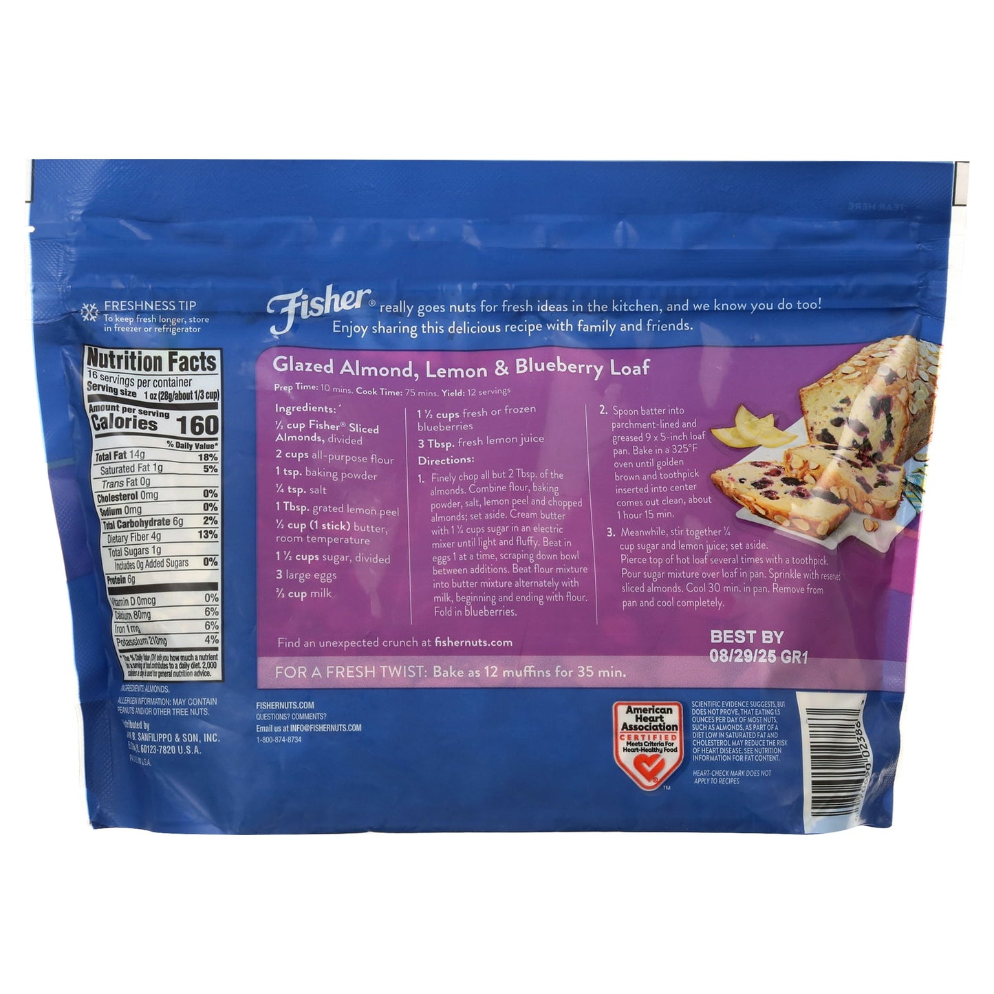 Fisher Chef's Naturals Gluten Free, No Preservatives, Non-GMO Sliced Almonds, 16 oz Bag