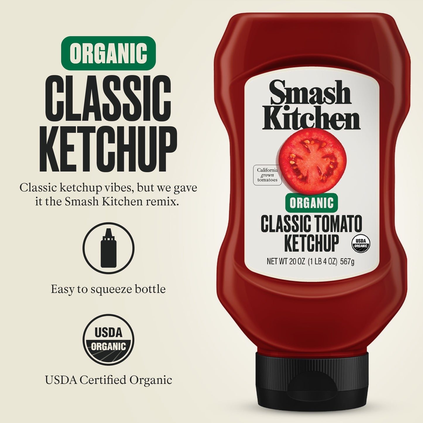Smash Kitchen Organic Tomato Ketchup, 20 oz Bottle