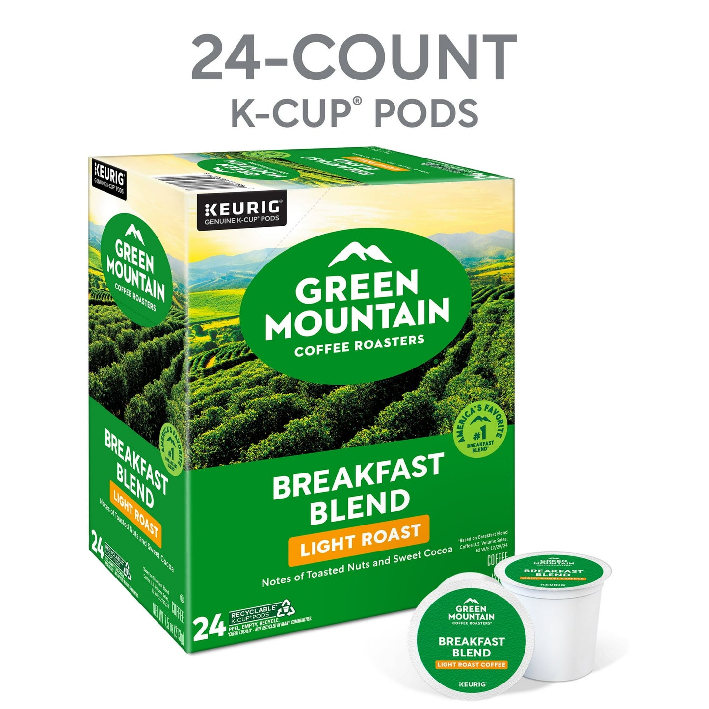 Green Mountain Coffee Roasters, Breakfast Blend Light Roast K-Cup Coffee Pods, 60 Count,18.8 oz