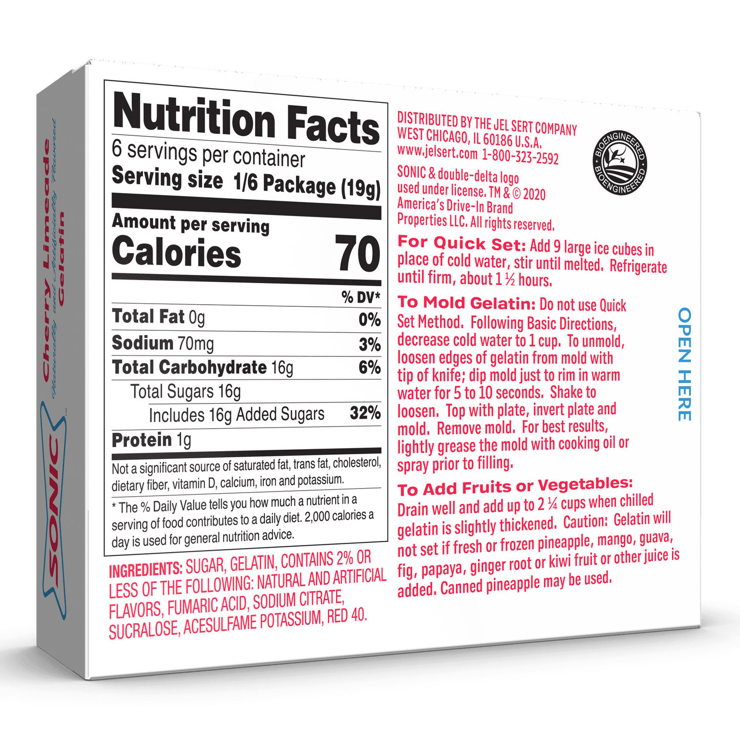 Sonic Cherry Limeade Gelatin Mix, 6 Servings, 3.94 oz Cardboard Box (Pack of 5)