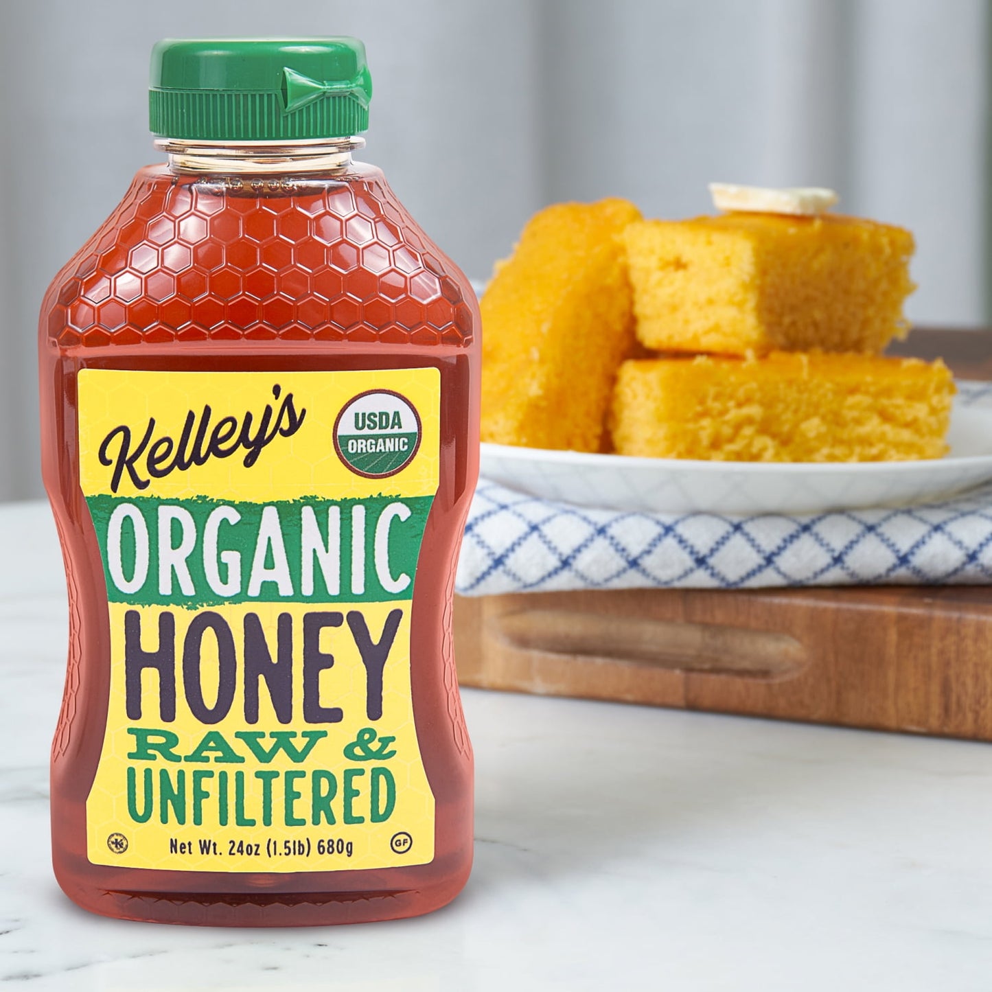 Kelley Honey Farms Organic 24oz Honey, USDA Certified Organic, Raw, Unfiltered, Sqz Bottle