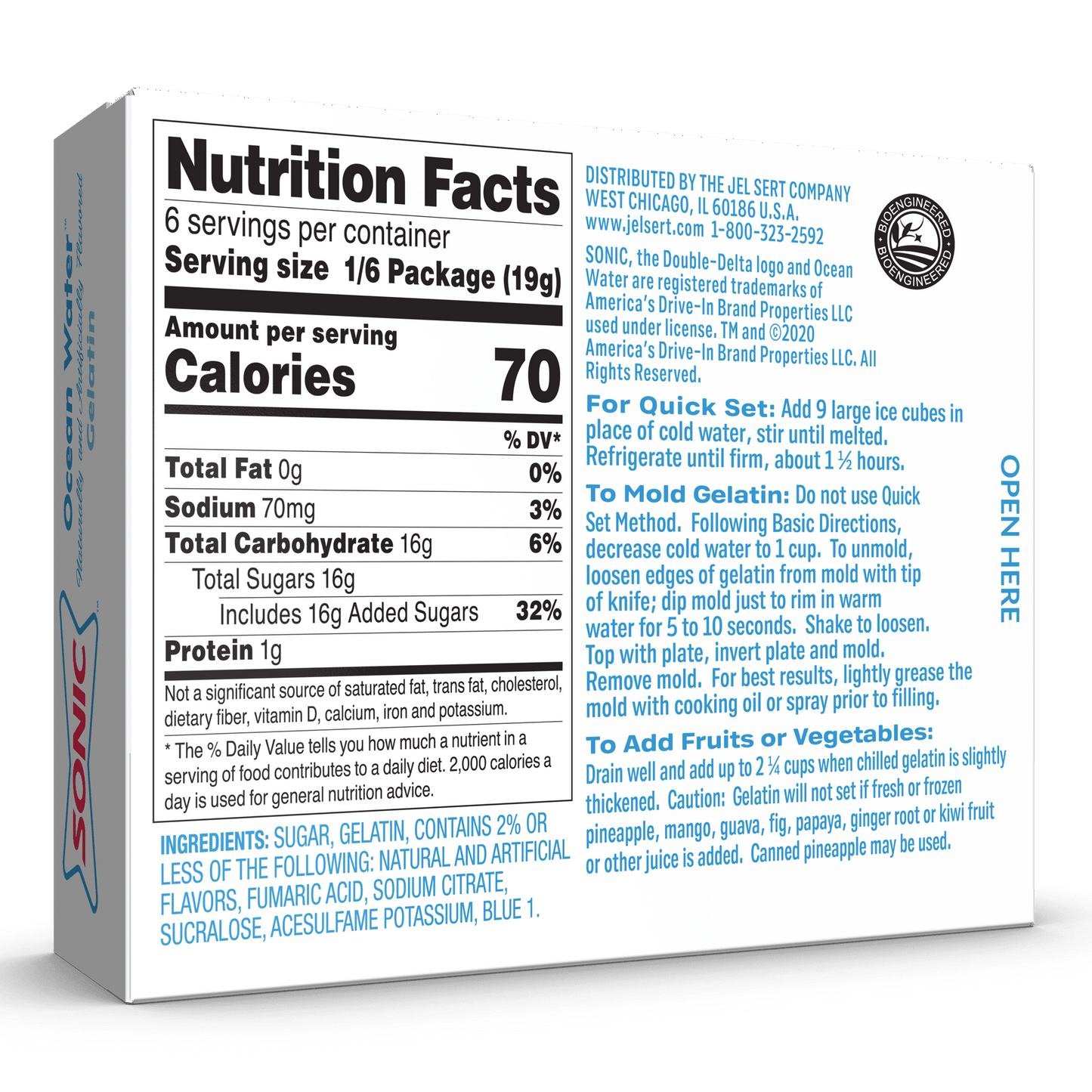 Sonic Ocean Water Gelatin Mix, 6 Servings, 3.94 oz Cardboard Box (Pack of 3)
