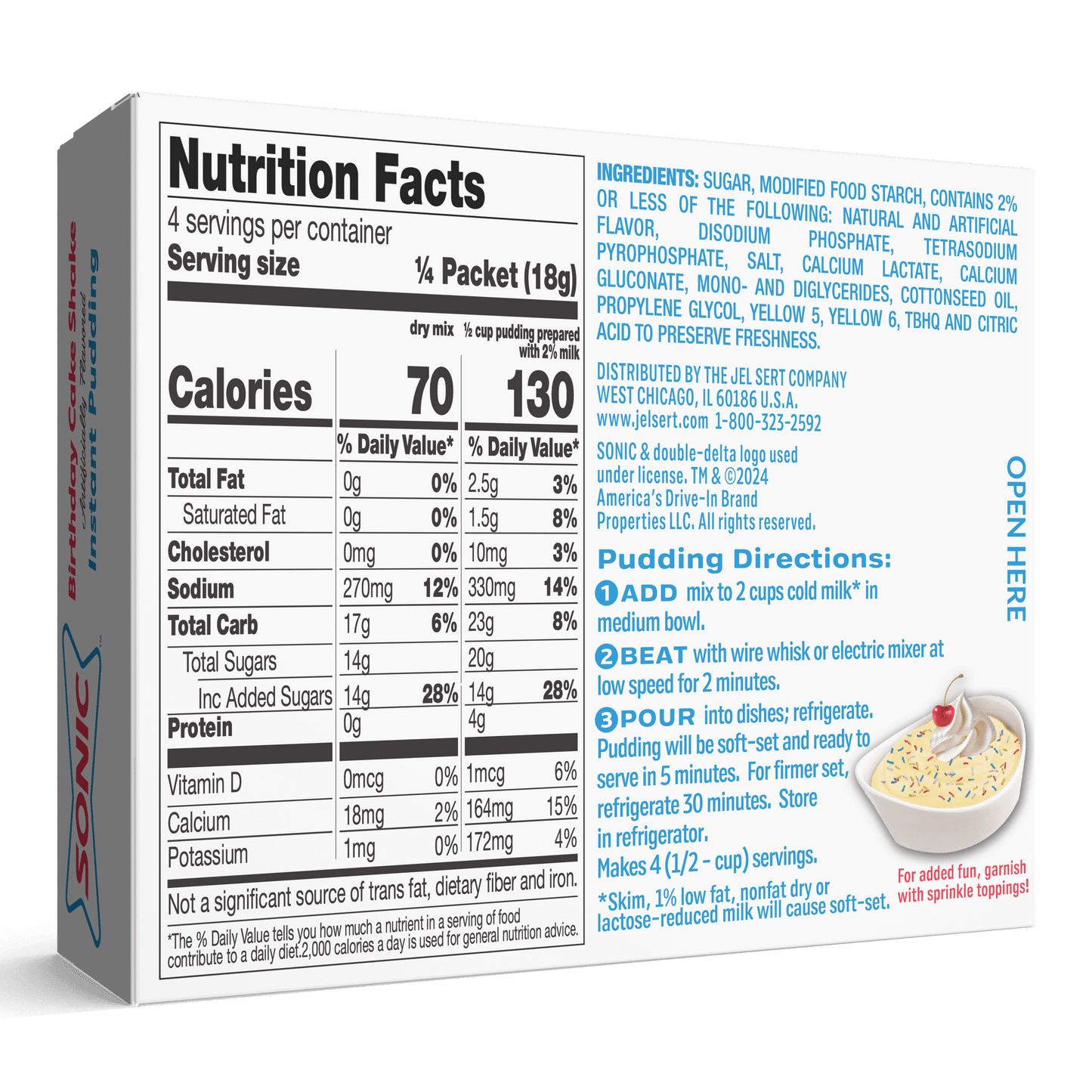 SONIC® Birthday Cake Shake Instant Pudding, 4 Servings, 2.58 oz Box (Pack of 5)